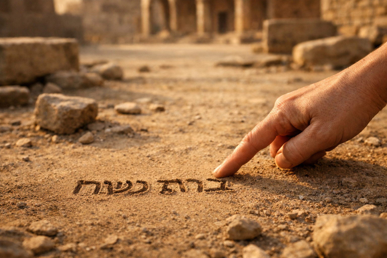 A hand writing in the dust of an ancient stone courtyard with scattered stones on the ground, bathed in warm golden light.